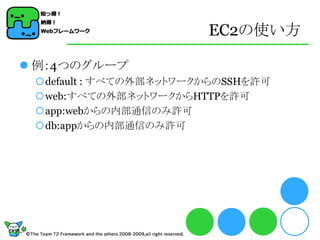 EC2の使い方

 例：4つのグループ
 default : すべての外部ネットワークからのSSHを許可
 web:すべての外部ネットワークからHTTPを許可
 app:webからの内部通信のみ許可
 db:appからの内部通信のみ許可
 