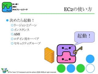 EC2の使い方

 決めたら起動！
 リージョンとゾーン
 インスタンス
 AMI
 ログイン用キーペア
                  起動！
 セキュリティグループ
 