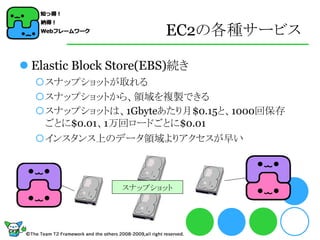 EC2の各種サービス

 Elastic Block Store(EBS)続き
  スナップショットが取れる
  スナップショットから、領域を複製できる
  スナップショットは、1Gbyteあたり月$0.15と、1000回保存
   ごとに$0.01、1万回ロードごとに$0.01
  インスタンス上のデータ領域よりアクセスが早い



                 スナップショット
 