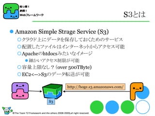 S３とは

 Amazon Simple Strage Service (S3)
  クラウド上にデータを保存しておくためのサービス
  配置したファイルはインターネットからアクセス可能
  Apacheのhtdocsみたいなイメージ
      細かいアクセス制限が可能
  容量上限なし？（over 500TByte)
  EC2<-->S3のデータ転送が可能

                    http://hoge.s3.amazonaws.com/


             S3
 