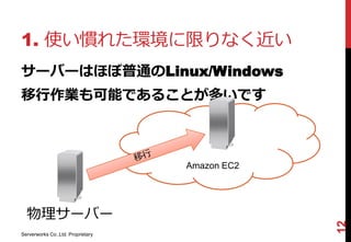1. 使い慣れた環境に限りなく近い
サーバーはほぼ普通のLinux/Windows
移行作業も可能であることが多いです



                                   Amazon EC2




  物理サーバー




                                                12
Serverworks Co.,Ltd. Proprietary
 