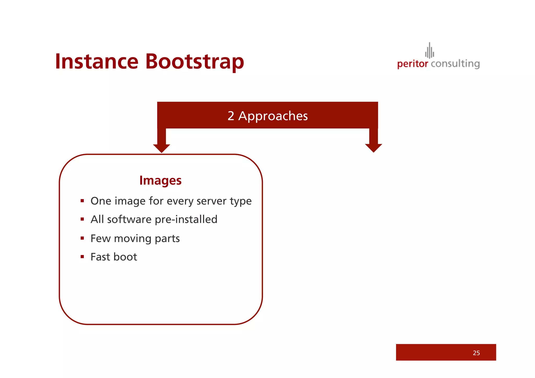 Instance Bootstrap

                                  2 Approaches




                 Images
    One image for every server type
    All software pre-installed
    Few moving parts
    Fast boot




                                                 25
 