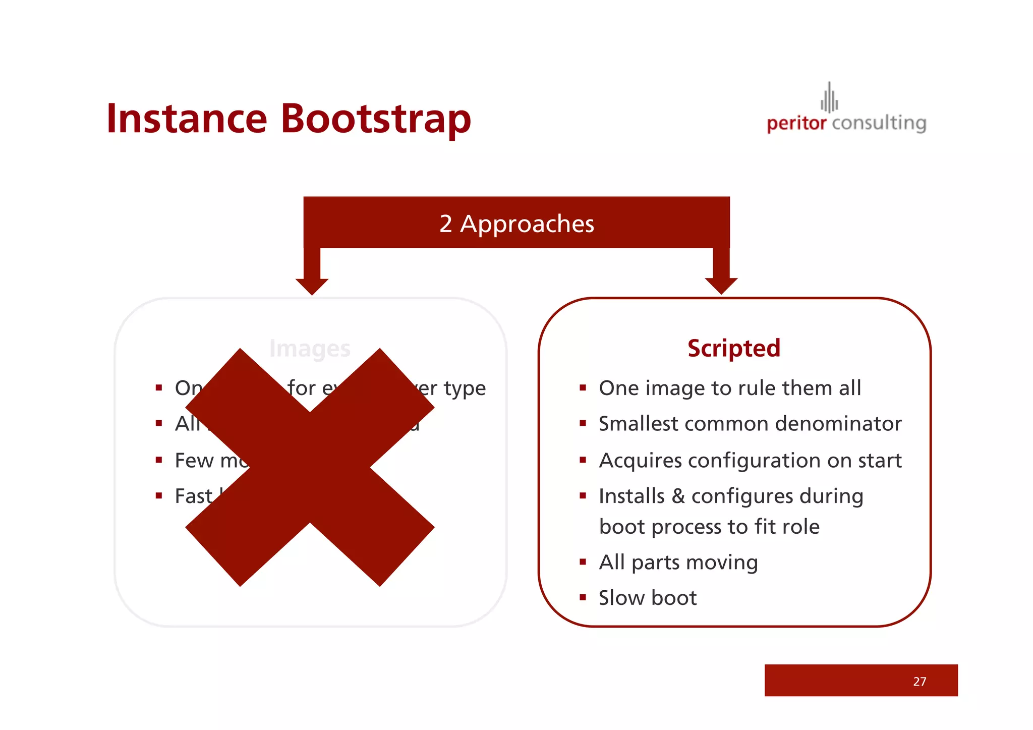 Instance Bootstrap

                                  2 Approaches




                 Images                                Scripted
    One image for every server type          One image to rule them all
    All software pre-installed               Smallest common denominator
    Few moving parts                         Acquires conﬁguration on start
    Fast boot                                Installs & conﬁgures during
                                               boot process to ﬁt role
                                              All parts moving
                                              Slow boot


                                                                                27
 