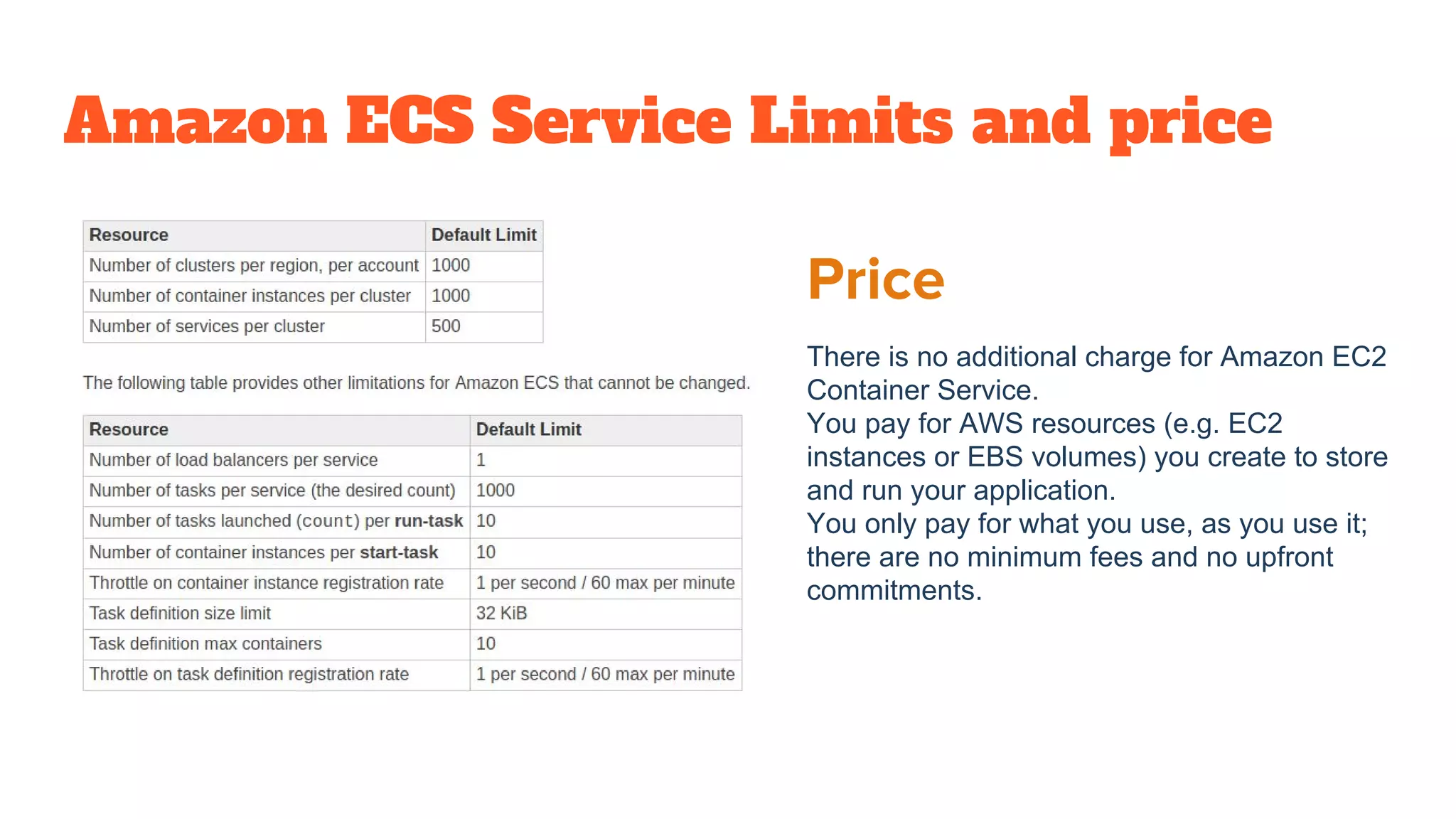 Amazon ECS Service Limits and price
Price
There is no additional charge for Amazon EC2
Container Service.
You pay for AWS resources (e.g. EC2
instances or EBS volumes) you create to store
and run your application.
You only pay for what you use, as you use it;
there are no minimum fees and no upfront
commitments.
 