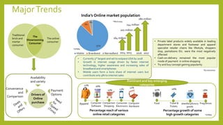 MajorTrends
The
Showrooming
Consumer
Availability
and variety
Payment
Options
Convenience
and
Comparison
Drivers of
Online
purchase
India’s Online market population
2014
164 million
2015 2016
280 million
2017
• Currently 3rd largest and set to outpace USA by 2018
• Growth in internet usage driven by faster internet
technology, higher awareness and increasing sales of
broadband and smartphones
• Mobile users form a lions share of internet users but
contribute only 9% to internet sales
202 million
244 million
*KPMG
*McKinsey
Traditional
brick and
mortar
consumer
The online
consumer
Apparel Computer
Software
Comparison
Shopping
Consumer
Electronics
Computer
Hardware
21% 16%
15% 13%
11%
Percentage reach of various
online retail categories
FragrancesJewellery/luxury
goods
Food Travel &
Tickets
90% 26%
25% 18%
Percentage growth of some
high growth categories
Dominant and key emerging
categories
• Private label products widely available in leading
department stores and footwear and apparel
specialist retailer chains like lifestyle, shoppers
stop, pantaloons Etc. were the most negatively
affected
• Cash-on-delivery remained the most popular
mode of payment in online shopping
• Try and buy concept gaining popularity
*KPMG
*Euromonitor
 