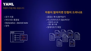 자원이 적을 때는 쉽습니다
YAML
자원이 많아지면 단점이 드러나죠
• 읽기 쉬움
• 어디서든 통용됨
• Declarative – desired state
• 정적
• 끝없는 복사/붙여넣기
• 커스터마이즈가 필요하다?
− 한땀씩 손으로
− 별도 툴 사용
• 업데이트가 복잡
 
