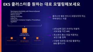 Amazon Elastic
Kubernetes Service
Managed node group Auto scaling group
with spot instances
Fargate profile
Namespaces (probably with ResourceQuota)
ClusterAutoscaler
Metrics-server
Ingress Controller
Argo/Flux
Cloudwatch Container Insights / Prometheus
AppMesh
…
EKS 클러스터를 원하는 대로 모델링해보세요
클러스터 별로 반드시 포함되어야 하는
쿠버네티스 자원
• 3개 AZ에 걸친 프라이/ 퍼블릭
서브넷을 가진 VPC
• 최소한의 통신 만을 허용하는
보안그룹 정책
• 다양한 컴퓨팅 옵션을 활용하는
EKS 클러스터
 