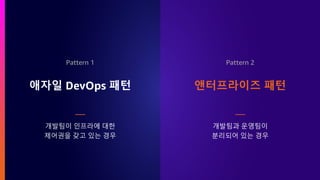 애자일 DevOps 패턴 앤터프라이즈 패턴
개발팀이 인프라에 대한
제어권을 갖고 있는 경우
개발팀과 운영팀이
분리되어 있는 경우
Pattern 1 Pattern 2
 