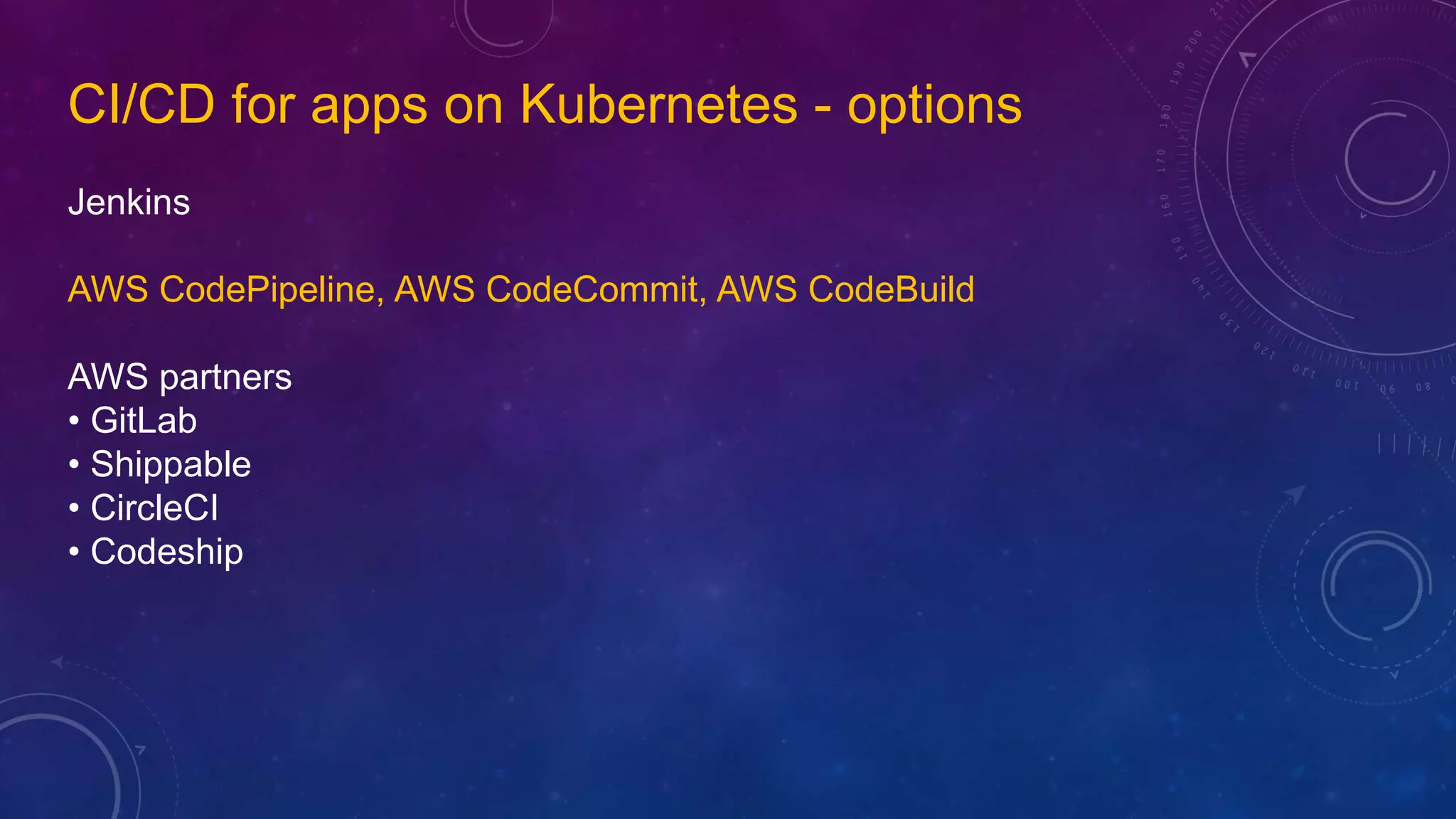 CI/CD for apps on Kubernetes - options
Jenkins
AWS CodePipeline, AWS CodeCommit, AWS CodeBuild
AWS partners
• GitLab
• Shippable
• CircleCI
• Codeship
 
