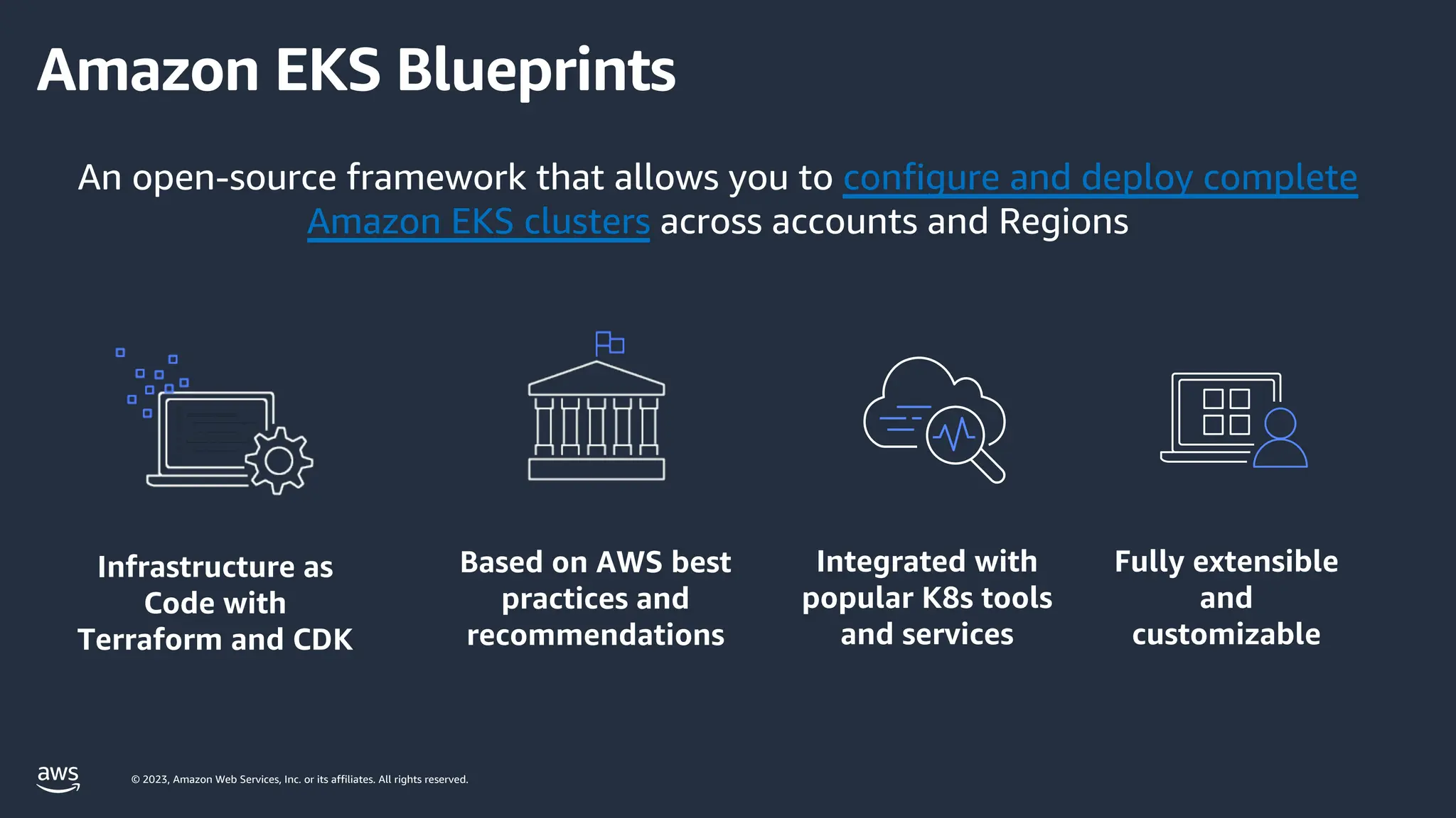 © 2023, Amazon Web Services, Inc. or its affiliates. All rights reserved.
Infrastructure as
Code with
Terraform and CDK
Based on AWS best
practices and
recommendations
Integrated with
popular K8s tools
and services
Fully extensible
and
customizable
Amazon EKS Blueprints
An open-source framework that allows you to configure and deploy complete
Amazon EKS clusters across accounts and Regions
 