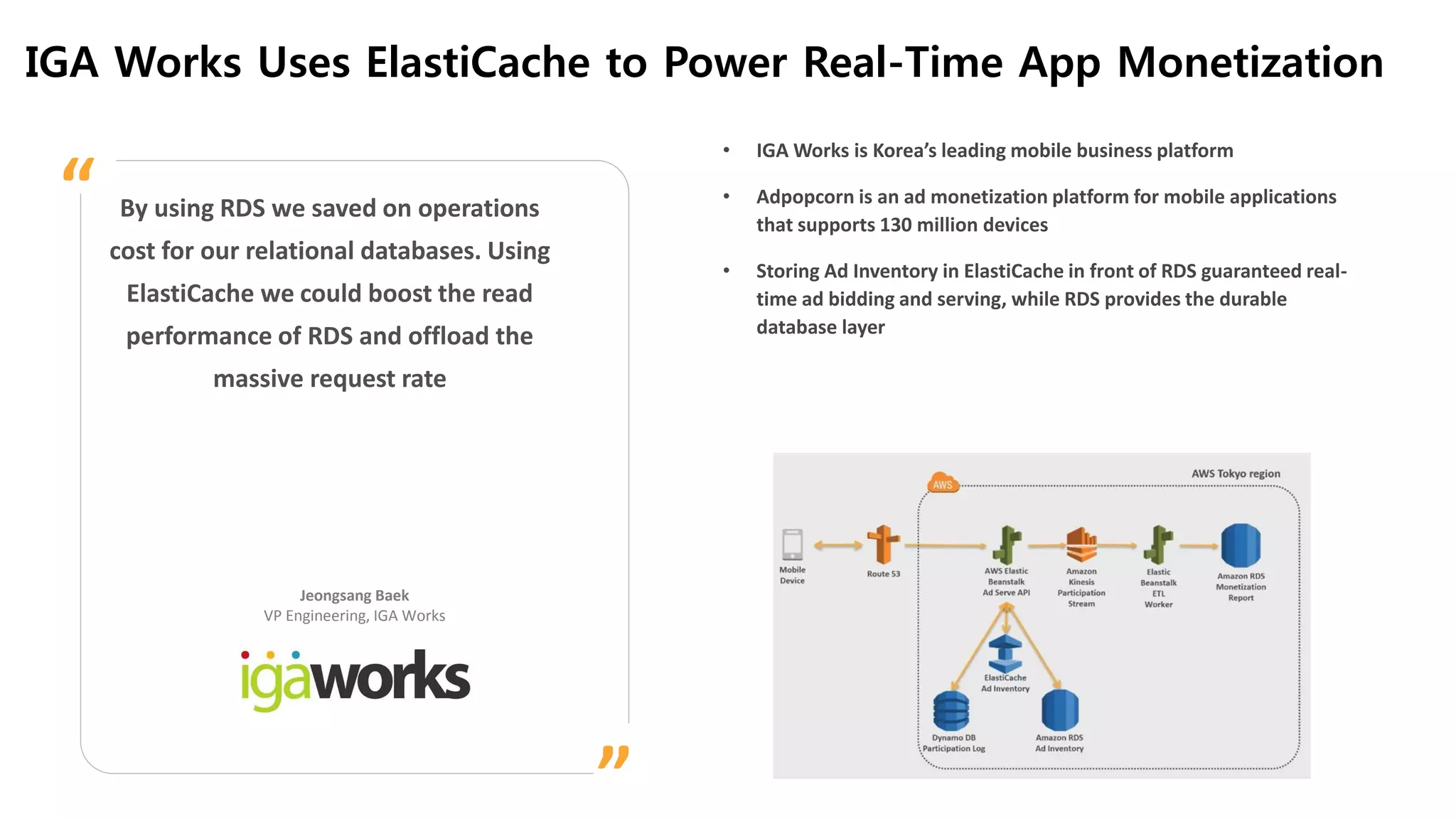IGA Works Uses ElastiCache to Power Real-Time App Monetization
By using RDS we saved on operations
cost for our relational databases. Using
ElastiCache we could boost the read
performance of RDS and offload the
massive request rate
Jeongsang Baek
VP Engineering, IGA Works
”
“
• IGA Works is Korea’s leading mobile business platform
• Adpopcorn is an ad monetization platform for mobile applications
that supports 130 million devices
• Storing Ad Inventory in ElastiCache in front of RDS guaranteed real-
time ad bidding and serving, while RDS provides the durable
database layer
 