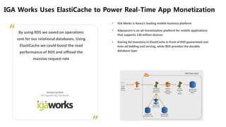 IGA Works Uses ElastiCache to Power Real-Time App Monetization
By using RDS we saved on operations
cost for our relational databases. Using
ElastiCache we could boost the read
performance of RDS and offload the
massive request rate
Jeongsang Baek
VP Engineering, IGA Works
”
“
• IGA Works is Korea’s leading mobile business platform
• Adpopcorn is an ad monetization platform for mobile applications
that supports 130 million devices
• Storing Ad Inventory in ElastiCache in front of RDS guaranteed real-
time ad bidding and serving, while RDS provides the durable
database layer
 
