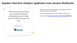 Expedia’s Real-time Analytics Application Uses Amazon ElastiCache
Expedia is a leader in the $1 trillion travel industry, with an extensive portfolio that
includes some of the world’s most trusted travel brands.
With ElastiCache Redis as caching
layer, the write throughput on
DynamoDB has been set to 3500,
down from 35000, reducing the cost
by 6x.
Kuldeep Chowhan
Engineering Manager, Expedia
”
“ • Expedia’s real-time analytics application collects data for its “test &
learn” experiments on Expedia sites.
• The analytics application processes ~200 million messages daily.
• Re:invent talk: https://www.youtube.com/watch?v=ie4dWGT76LM
 