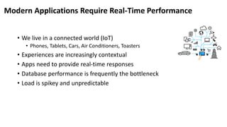 Modern Applications Require Real-Time Performance
• We live in a connected world (IoT)
• Phones, Tablets, Cars, Air Conditioners, Toasters
• Experiences are increasingly contextual
• Apps need to provide real-time responses
• Database performance is frequently the bottleneck
• Load is spikey and unpredictable
 