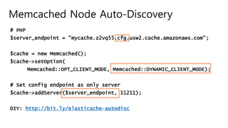 # PHP
$server_endpoint = "mycache.z2vq55.cfg.usw2.cache.amazonaws.com";
$cache = new Memcached();
$cache->setOption(
Memcached::OPT_CLIENT_MODE, Memcached::DYNAMIC_CLIENT_MODE);
# Set config endpoint as only server
$cache->addServer($server_endpoint, 11211);
DIY: http://bit.ly/elasticache-autodisc
Memcached Node Auto-Discovery
 