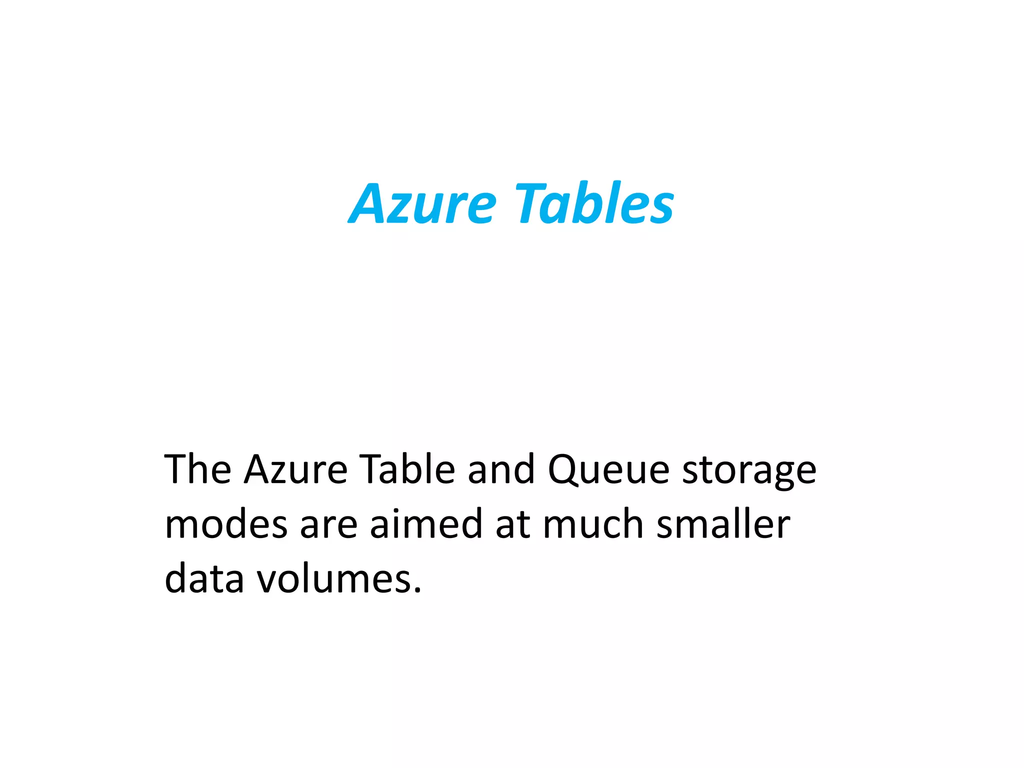 Azure Tables 
The Azure Table and Queue storage 
modes are aimed at much smaller 
data volumes. 
 