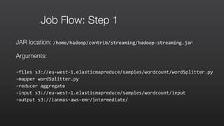 Job Flow: Step 1
JAR location: /home/hadoop/contrib/streaming/hadoop-­‐streaming.jar	
  
Arguments:
-­‐files	
  s3://eu-­‐west-­‐1.elasticmapreduce/samples/wordcount/wordSplitter.py	
  	
  
-­‐mapper	
  wordSplitter.py	
  	
  
-­‐reducer	
  aggregate	
  	
  
-­‐input	
  s3://eu-­‐west-­‐1.elasticmapreduce/samples/wordcount/input	
  	
  
-­‐output	
  s3://ianmas-­‐aws-­‐emr/intermediate/
 