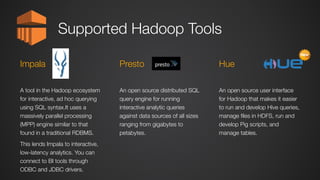 Supported Hadoop Tools
An open source distributed SQL
query engine for running
interactive analytic queries
against data sources of all sizes
ranging from gigabytes to
petabytes.
Presto
A tool in the Hadoop ecosystem
for interactive, ad hoc querying
using SQL syntax.It uses a
massively parallel processing
(MPP) engine similar to that
found in a traditional RDBMS.
This lends Impala to interactive,
low-latency analytics. You can
connect to BI tools through
ODBC and JDBC drivers.
Impala
An open source user interface
for Hadoop that makes it easier
to run and develop Hive queries,
manage files in HDFS, run and
develop Pig scripts, and
manage tables.
Hue
New
 