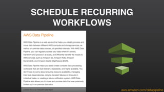 SCHEDULE RECURRING
WORKFLOWS
aws.amazon.com/datapipeline
 