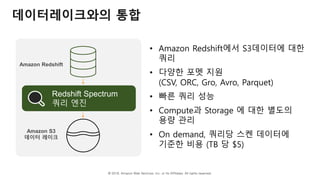 © 2018, Amazon Web Services, Inc. or Its Affiliates. All rights reserved.
Amazon Redshift
데이터레이크와의 통합
Amazon S3
데이터 레이크
Redshift Spectrum
쿼리 엔진
• Amazon Redshift에서 S3데이터에 대한
쿼리
• 다양한 포멧 지원
(CSV, ORC, Gro, Avro, Parquet)
• 빠른 쿼리 성능
• Compute과 Storage 에 대한 별도의
용량 관리
• On demand, 쿼리당 스켄 데이터에
기준한 비용 (TB 당 $5)
 