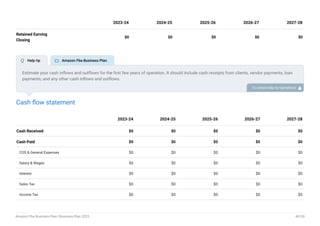 Retained Earning
Closing
$0 $0 $0 $0 $0
2023-24 2024-25 2025-26 2026-27 2027-28
Cash flow statement
Cash Received $0 $0 $0 $0 $0
Cash Paid $0 $0 $0 $0 $0
COS & General Expenses $0 $0 $0 $0 $0
Salary & Wages $0 $0 $0 $0 $0
Interest $0 $0 $0 $0 $0
Sales Tax $0 $0 $0 $0 $0
Income Tax $0 $0 $0 $0 $0
2023-24 2024-25 2025-26 2026-27 2027-28
Estimate your cash inflows and outflows for the first few years of operation. It should include cash receipts from clients, vendor payments, loan
payments, and any other cash inflows and outflows.
To unlock help try Upmetrics! 
 Help tip  Amazon Fba Business Plan
Amazon Fba Business Plan | Business Plan 2023 40/50
 