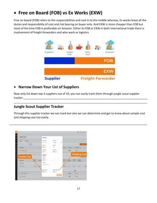 17
 Free on Board (FOB) vs Ex Works (EXW)
Free on board (FOB) refers to the responsibilities and cost in to the middle whereas, Ex works leave all the
duties and responsibility of cost and risk bearing on buyer only. And EXW is more cheaper than FOB but
most of the time FOB is preferable on Amazon. Either its FOB or EXW in both international trade there is
involvement of freight forwarders and who work as logistics
 Narrow Down Your List of Suppliers
Now only list down top 3 suppliers out of 10, you can easily track them through jungle scout supplier
tracker._________________________________________________________________________________
_______________________________________________________________________________________
Jungle Scout Supplier Tracker
Through this supplier tracker we can track but also we can determine and get to know about sample cost
and shipping cost too easily.
__________________________________________________________________________________________
 