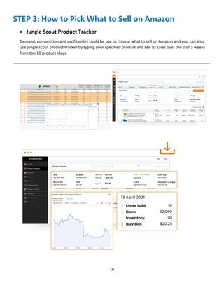 19
STEP 3: How to Pick What to Sell on Amazon
 Jungle Scout Product Tracker
Demand, competition and profitability could be use to choose what to sell on Amazon and you can also
use jungle scout product tracker by typing your specified product and see its sales over the 2 or 3 weeks
from top 10 product ideas.
__________________________________________________________________________________________
 