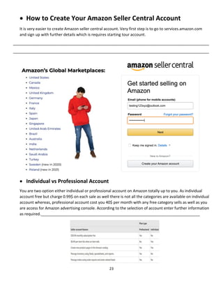 23
 How to Create Your Amazon Seller Central Account
It is very easier to create Amazon seller central account. Very first step is to go to services.amazon.com
and sign up with further details which is requires starting tour account.
__________________________________________________________________________________________
__________________________________________________________________________________________
 Individual vs Professional Account
You are two option either individual or professional account on Amazon totally up to you. As individual
account free but charge 0.99$ on each sale as well there is not all the categories are available on individual
account whereas, professional account cost you 40$ per month with any free category sells as well as you
are access for Amazon advertising console. According to the selection of account enter further information
as required._________________________________________________________________________
 