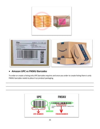26
 Amazon UPC vs FNSKU Barcodes
To order or create a listing only UPC barcodes requires and once you order to create listing there is only
FNSKU barcodes needs to place it on product packaging.
__________________________________________________________________________________________
__________________________________________________________________________________________
__________________________________________________________________________________________
 