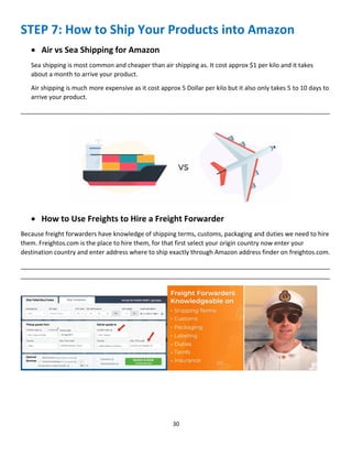 30
STEP 7: How to Ship Your Products into Amazon
 Air vs Sea Shipping for Amazon
Sea shipping is most common and cheaper than air shipping as. It cost approx $1 per kilo and it takes
about a month to arrive your product.
Air shipping is much more expensive as it cost approx 5 Dollar per kilo but it also only takes 5 to 10 days to
arrive your product.
__________________________________________________________________________________________
 How to Use Freights to Hire a Freight Forwarder
Because freight forwarders have knowledge of shipping terms, customs, packaging and duties we need to hire
them. Freightos.com is the place to hire them, for that first select your origin country now enter your
destination country and enter address where to ship exactly through Amazon address finder on freightos.com.
__________________________________________________________________________________________
__________________________________________________________________________________________
 