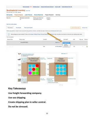 32
Key Takeaways
Use freight forwarding company.
Use sea shipping.
Create shipping plan in seller central.
Do not be stressed.
 