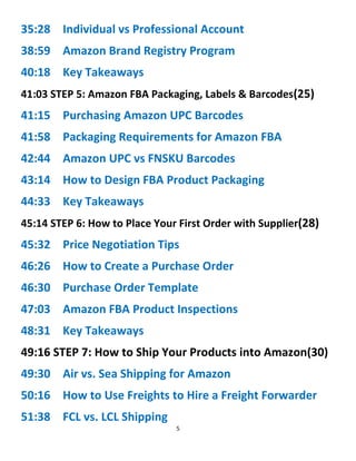 5
35:28 Individual vs Professional Account
38:59 Amazon Brand Registry Program
40:18 Key Takeaways
41:03 STEP 5: Amazon FBA Packaging, Labels & Barcodes(25)
41:15 Purchasing Amazon UPC Barcodes
41:58 Packaging Requirements for Amazon FBA
42:44 Amazon UPC vs FNSKU Barcodes
43:14 How to Design FBA Product Packaging
44:33 Key Takeaways
45:14 STEP 6: How to Place Your First Order with Supplier(28)
45:32 Price Negotiation Tips
46:26 How to Create a Purchase Order
46:30 Purchase Order Template
47:03 Amazon FBA Product Inspections
48:31 Key Takeaways
49:16 STEP 7: How to Ship Your Products into Amazon(30)
49:30 Air vs. Sea Shipping for Amazon
50:16 How to Use Freights to Hire a Freight Forwarder
51:38 FCL vs. LCL Shipping
 