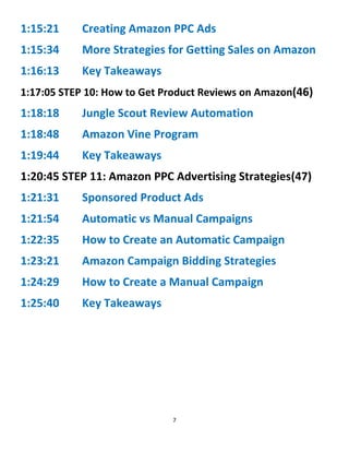 7
1:15:21 Creating Amazon PPC Ads
1:15:34 More Strategies for Getting Sales on Amazon
1:16:13 Key Takeaways
1:17:05 STEP 10: How to Get Product Reviews on Amazon(46)
1:18:18 Jungle Scout Review Automation
1:18:48 Amazon Vine Program
1:19:44 Key Takeaways
1:20:45 STEP 11: Amazon PPC Advertising Strategies(47)
1:21:31 Sponsored Product Ads
1:21:54 Automatic vs Manual Campaigns
1:22:35 How to Create an Automatic Campaign
1:23:21 Amazon Campaign Bidding Strategies
1:24:29 How to Create a Manual Campaign
1:25:40 Key Takeaways
 