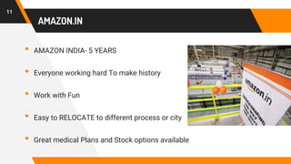 AMAZON.IN
• AMAZON INDIA- 5 YEARS
• Everyone working hard To make history
• Work with Fun
• Easy to RELOCATE to different process or city
• Great medical Plans and Stock options available
11
 