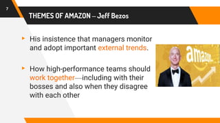 THEMES OF AMAZON – Jeff Bezos
▸ His insistence that managers monitor
and adopt important external trends.
▸ How high-performance teams should
work together—including with their
bosses and also when they disagree
with each other
7
 