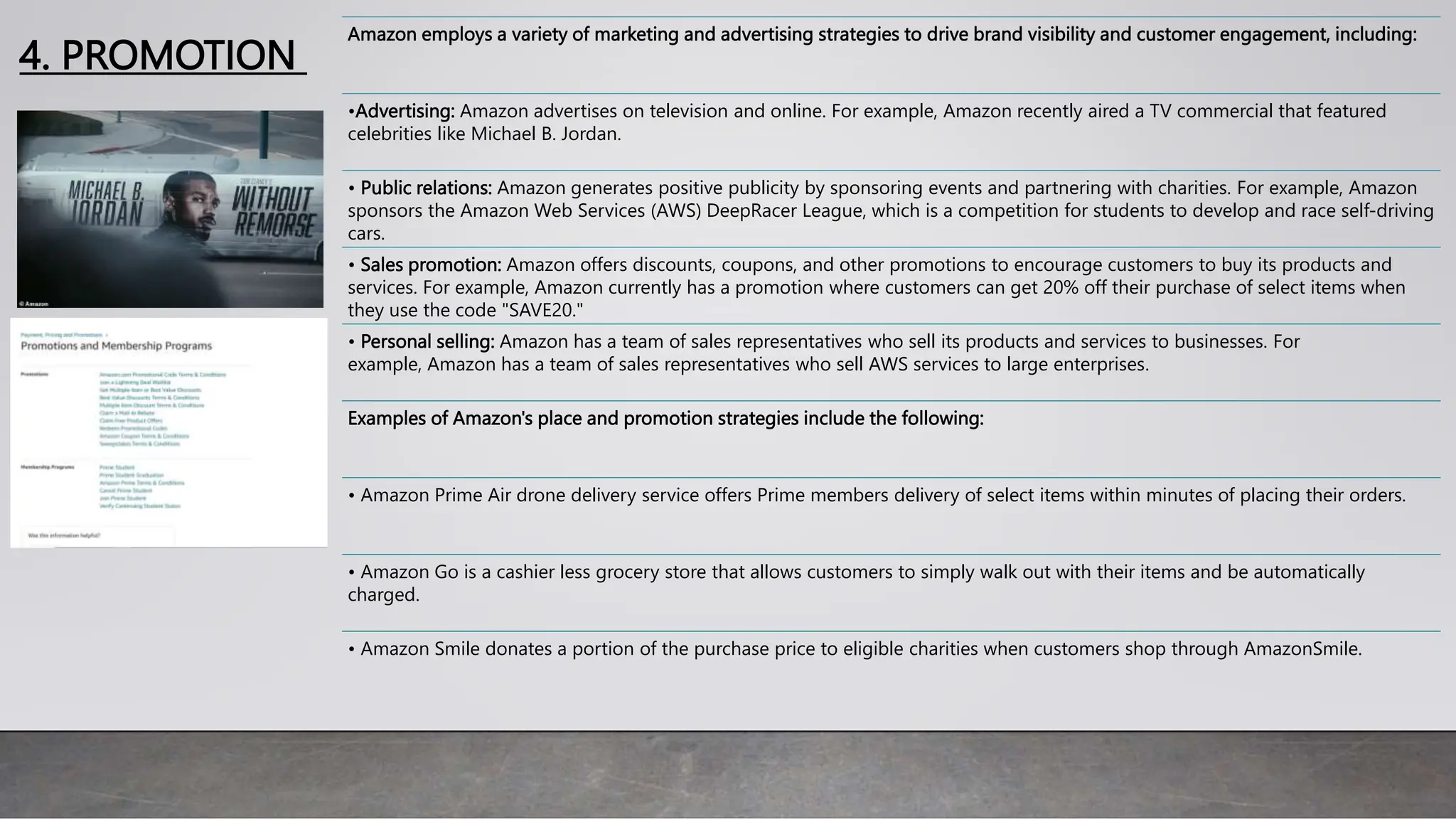 4. PROMOTION
Amazon employs a variety of marketing and advertising strategies to drive brand visibility and customer engagement, including:
•Advertising: Amazon advertises on television and online. For example, Amazon recently aired a TV commercial that featured
celebrities like Michael B. Jordan.
• Public relations: Amazon generates positive publicity by sponsoring events and partnering with charities. For example, Amazon
sponsors the Amazon Web Services (AWS) DeepRacer League, which is a competition for students to develop and race self-driving
cars.
• Sales promotion: Amazon offers discounts, coupons, and other promotions to encourage customers to buy its products and
services. For example, Amazon currently has a promotion where customers can get 20% off their purchase of select items when
they use the code "SAVE20."
• Personal selling: Amazon has a team of sales representatives who sell its products and services to businesses. For
example, Amazon has a team of sales representatives who sell AWS services to large enterprises.
Examples of Amazon's place and promotion strategies include the following:
• Amazon Prime Air drone delivery service offers Prime members delivery of select items within minutes of placing their orders.
• Amazon Go is a cashier less grocery store that allows customers to simply walk out with their items and be automatically
charged.
• Amazon Smile donates a portion of the purchase price to eligible charities when customers shop through AmazonSmile.
 