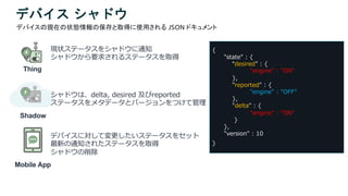 デバイス シャドウ
{
"state" : {
“desired" : {
"engine" : "ON"
},
"reported" : {
"engine" : ”OFF"
},
"delta" : {
"engine" : ”ON"
}
},
"version" : 10
}
Thing
現状ステータスをシャドウに通知
シャドウから要求されるステータスを取得
Mobile App
デバイスに対して変更したいステータスをセット
最新の通知されたステータスを取得
シャドウの削除
Shadow
シャドウは、delta, desired 及びreported
ステータスをメタデータとバージョンをつけて管理
デバイスの現在の状態情報の保存と取得に使用される JSON ドキュメント
 