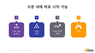 © 2016, Amazon Web Services, Inc. or its Affiliates. All rights reserved.
수분 내에 바로 시작 가능
서버 App
업로드
Fleet
설정
Scale 정책
적용
Play
1 2 3 4
 
