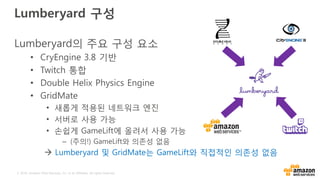 © 2016, Amazon Web Services, Inc. or its Affiliates. All rights reserved.
Lumberyard 구성
Lumberyard의 주요 구성 요소
• CryEngine 3.8 기반
• Twitch 통합
• Double Helix Physics Engine
• GridMate
• 새롭게 적용된 네트워크 엔진
• 서버로 사용 가능
• 손쉽게 GameLift에 올려서 사용 가능
– (주의!) GameLift와 의존성 없음
 Lumberyard 및 GridMate는 GameLift와 직접적인 의존성 없음
 