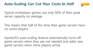 Auto-Scaling Can Cut Your Costs In Half
Typical multiplayer games use only 50% of their peak
server capacity on average.
This means that half of the time their game servers have
no active players.
GameLift’s auto-scaling feature automatically turns off
game servers when they are not needed and adds new
game servers when more players arrive.
 