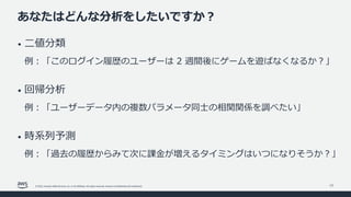 © 2022, Amazon Web Services, Inc. or its affiliates. All rights reserved. Amazon Confidential and Trademark.
あなたはどんな分析をしたいですか︖
17
• ⼆値分類
例︓「このログイン履歴のユーザーは 2 週間後にゲームを遊ばなくなるか︖」
• 回帰分析
例︓「ユーザーデータ内の複数パラメータ同⼠の相関関係を調べたい」
• 時系列予測
例︓「過去の履歴からみて次に課⾦が増えるタイミングはいつになりそうか︖」
 