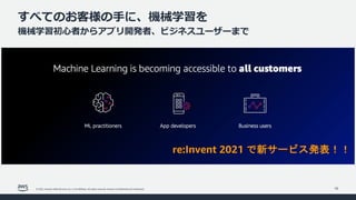 © 2022, Amazon Web Services, Inc. or its affiliates. All rights reserved. Amazon Confidential and Trademark.
すべてのお客様の⼿に、機械学習を
機械学習初⼼者からアプリ開発者、ビジネスユーザーまで
19
re:Invent 2021 で新サービス発表！！
 