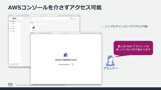 © 2022, Amazon Web Services, Inc. or its affiliates. All rights reserved. Amazon Confidential and Trademark.
AWSコンソールを介さずアクセス可能
• シングルサインオンでアクセス可能
プランナー
個人の AWS アカウントを
持っていないので助かります
 
