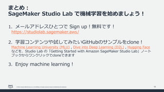 © 2022, Amazon Web Services, Inc. or its affiliates. All rights reserved. Amazon Confidential and Trademark.
まとめ︓
SageMaker Studio Lab で機械学習を始めましょう︕
53
1. メールアドレスひとつで Sign up︕無料です︕
https://studiolab.sagemaker.aws/
2. 学習コンテンツや試してみたいGitHubのサンプルをclone︕
Machine Learning University (MLU) , Dive into Deep Learning (D2L) , Hugging Face
などを、Studio Lab の「Getting Started with Amazon SageMaker Studio Lab」ノート
ブックからワンクリックでcloneできます
3. Enjoy machine learning︕
 