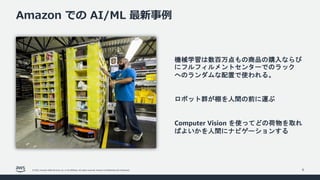 © 2022, Amazon Web Services, Inc. or its affiliates. All rights reserved. Amazon Confidential and Trademark.
Amazon での AI/ML 最新事例
6
機械学習は数百万点もの商品の購入ならび
にフルフィルメントセンターでのラック
へのランダムな配置で使われる。
ロボット群が棚を人間の前に運ぶ
Computer Vision を使ってどの荷物を取れ
ばよいかを人間にナビゲーションする
 
