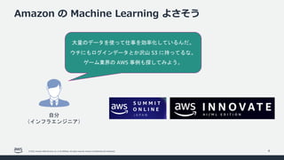 © 2022, Amazon Web Services, Inc. or its affiliates. All rights reserved. Amazon Confidential and Trademark.
Amazon の Machine Learning よさそう
8
自分
（インフラエンジニア）
大量のデータを使って仕事を効率化しているんだ。
ウチにもログインデータとか沢山 S3 に持ってるな。
ゲーム業界の AWS 事例も探してみよう。
 