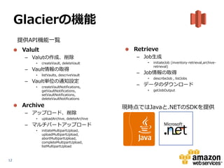 Glacierの機能
     提供API機能一覧
      Valult                                    Retrieve
      – Valutの作成、削除                              – Job生成
          •    createVault, deleteVault             •   initiateJob (inventory-retrieval,archive-
                                                        retrieval)
      – Vault情報の取得
          •    listVaults, descriveVault
                                                 – Job情報の取得
                                                    •   describeJob , listJobs
      – Vault単位の通知設定
          •    createVaultNotifications,
                                                 – データのダウンロード
               getVaultNotifications,               •   getJobOutput
               setVaultNotifications,
               deleteVaultNotifications

      Archive                                 現時点ではJavaと.NETのSDKを提供
      – アップロード、削除
          •    uploadArchive, deleteArchive

      – マルチパートアップロード
          •    initiateMultipartUpload,
               uploadMultipartUpload,
               abortMultipartUpload,
               completeMultipartUpload,
               listMultipartUpload



12
 