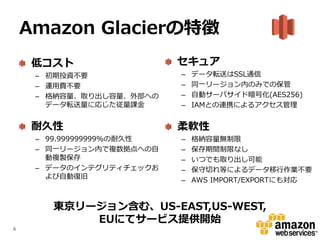 Amazon Glacierの特徴
     低コスト                  セキュア
     – 初期投資不要              –   データ転送はSSL通信
     – 運用費不要               –   同一リージョン内のみでの保管
     – 格納容量、取り出し容量、外部への    –   自動サーバサイド暗号化(AES256)
       データ転送量に応じた従量課金      –   IAMとの連携によるアクセス管理


     耐久性                   柔軟性
     – 99.999999999%の耐久性   –   格納容量無制限
     – 同一リージョン内で複数拠点への自    –   保存期間制限なし
       動複製保存               –   いつでも取り出し可能
     – データのインテグリティチェックお    –   保守切れ等によるデータ移行作業不要
       よび自動復旧
                           –   AWS IMPORT/EXPORTにも対応


       東京リージョン含む、US-EAST,US-WEST,
           EUにてサービス提供開始
6
 
