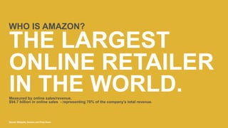 WHO IS AMAZON?
THE LARGEST
ONLINE RETAILER
IN THE WORLD.Measured by online sales/revenue.
$94.7 billion in online sales - ...