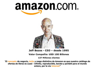 Jeff Bezos - CEO – desde 1995
                        Valor Compañía: USD 100 Billones
                                  137 Millones clientes
"El concepto de negocio, éxito y rasgo distintivo de Amazon es que nuestro catálogo de
    ofertas de libros es cuasi - infinito, reproducible, barato y portátil para el mundo
                                 entero, por la vía Internet”
 